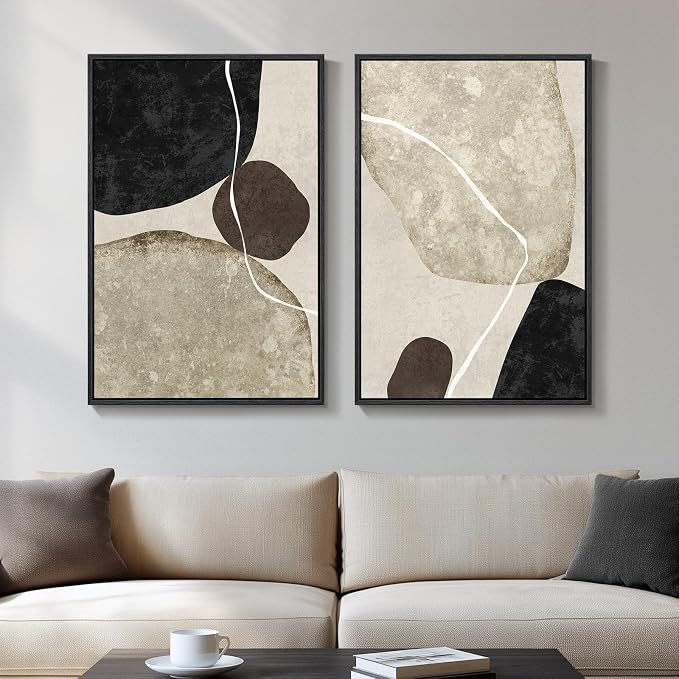 Framed Neutral Abstract Wall Art Set of 2, Modern Black Beige Brown Canvas Prints Paintings Artwork for Walls, Minimalist Stone Shape Pictures for Bedroom Dining Room Living Room Wall Decor 16x24 In
