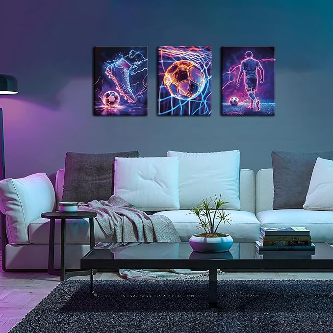 Cool Soccer Gaming Wall Art Set of 3, Neon Video Gamer Canvas Pictures, Colorful Soccer Game Painting Prints for Boys Room, Gaming Room Decor for Kids Gamer Room 12x16 inch Framed