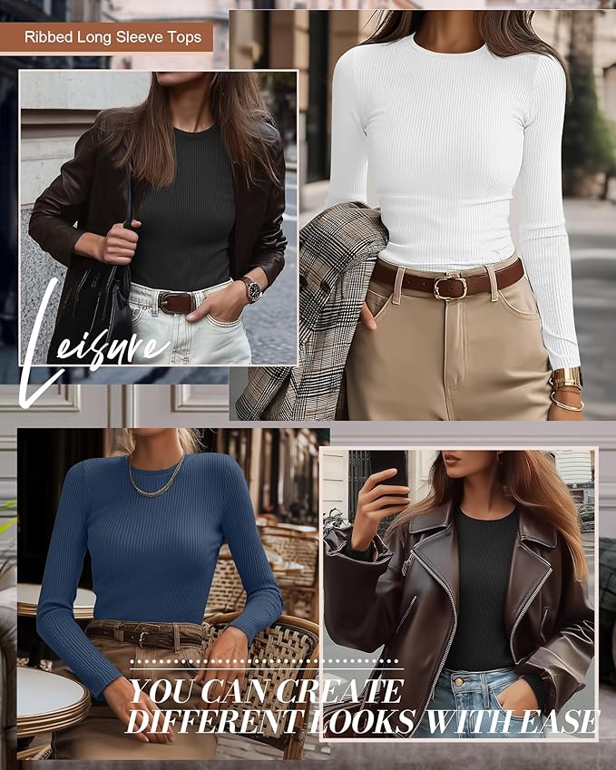 Ficerd 3 Pack Women's Ribbed Long Sleeve Tops, Crew Neck Slim Fit Undershirts Knit Basic Casual Stretch Layering Tee Shirts