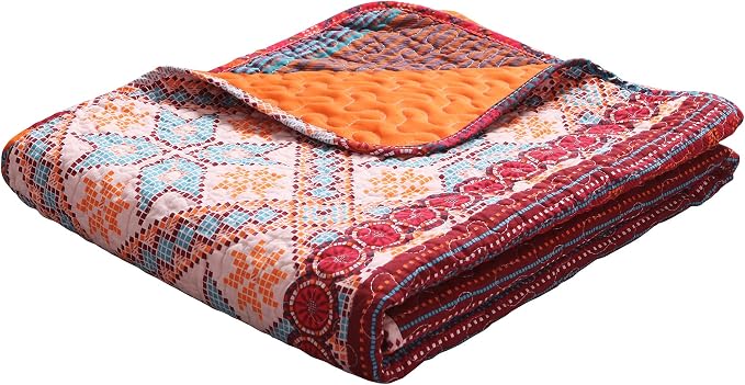Exclusivo Mezcla Reversible Boho Quilted Throw Blanket, 50"x 60" | Lightweight Summer Quilt Throw, Designed for Bed/ Couch/ Sofa, Red and Orange Striped Pattern