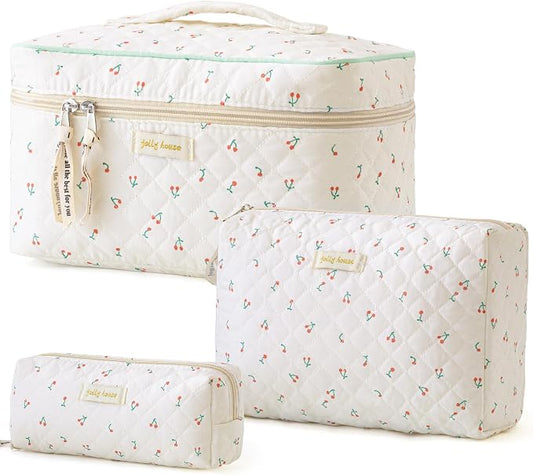 HBselect Quilted Makeup Bag, 3PCS Cotton Large Travel Makeup Bag, Cute Floral Coquette Make up Bag Cosmetic Bag Toiletry Bag for Women Girls