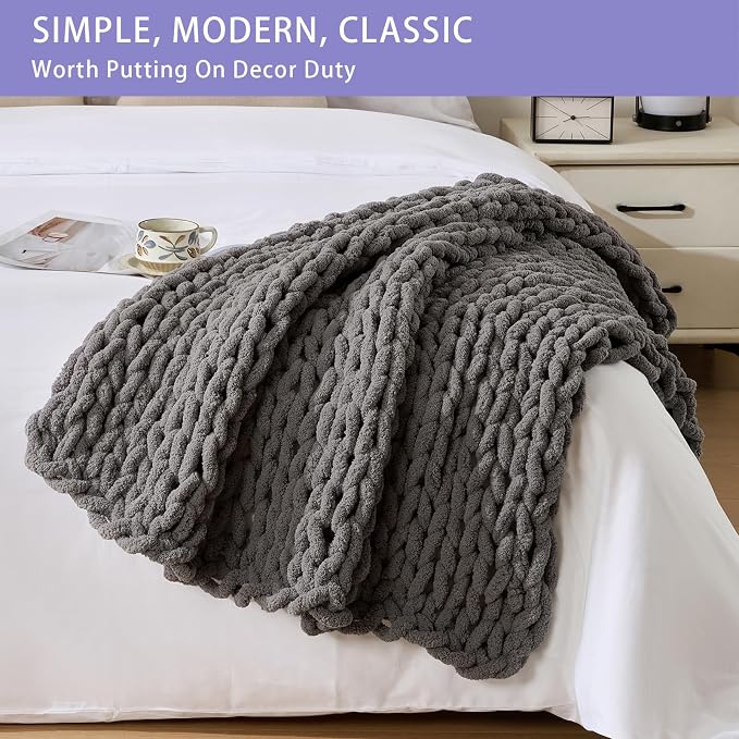 Bigacogo Chunky Knit Throw Blanket for Couch, 40x40 inches, Slate Gray | Hand Knit with Jumbo Chenille, Soft Breathable Cable Knit for Sofa Bed Living Room, Machine Washable, Gift for Mom Friend