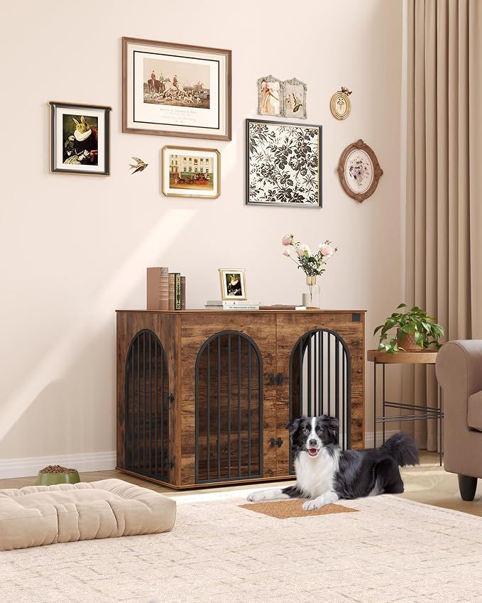 Hzuaneri 44.1'' Dog Crate Furniture,Dog Kennel Indoor for Medium/Large Dogs | Dog Kennel Furniture Wooden Dog Cage Heavy Duty Dog Crate Decorative Pet House End Side Table TV Stand,Rustic Brown DFC83901B