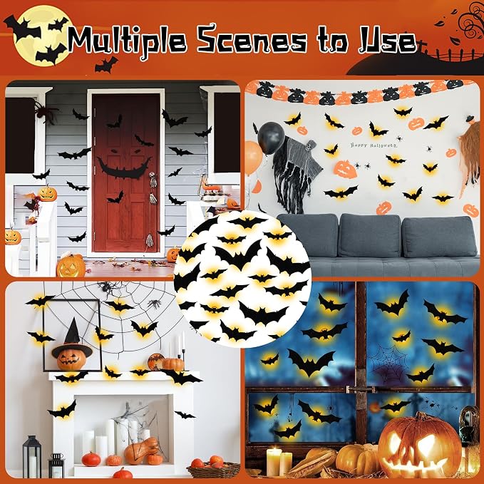 DR.DUDU 36 Pack Light Up Bats Halloween Decorations, Orange | 3D, LED Lights, Wall Decor, Removable Bat Stickers, Indoor Outdoor Window Bathroom Garage Door Home Party Use