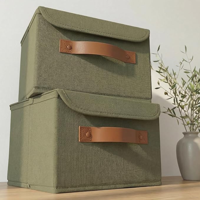 Decorative Linen Storage Boxes with Lids - Spacious Set of 2 Organizer Bins | The Perfect Small Container for Home Decor - Safely Store Photos, Documents and Memory Box Keepsakes in Style