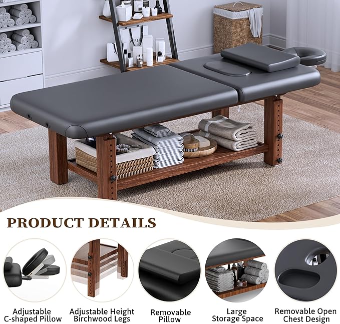 Olela Wood Adjustable Massage Table, Stationary Massage Tables with Adjustable Height Legs & Storage, Esthetician Bed with C-Shaped Pillow & PU Leather for Spa, Massage, Physical Therapy, Treatment