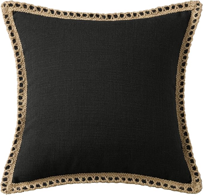 Phantoscope Pack of 2 Farmhouse Decorative Solid Pillow Cover Burlap Linen Trimmed Tailored Edges, Black, 20 x 20 inches, 50 x 50 cm