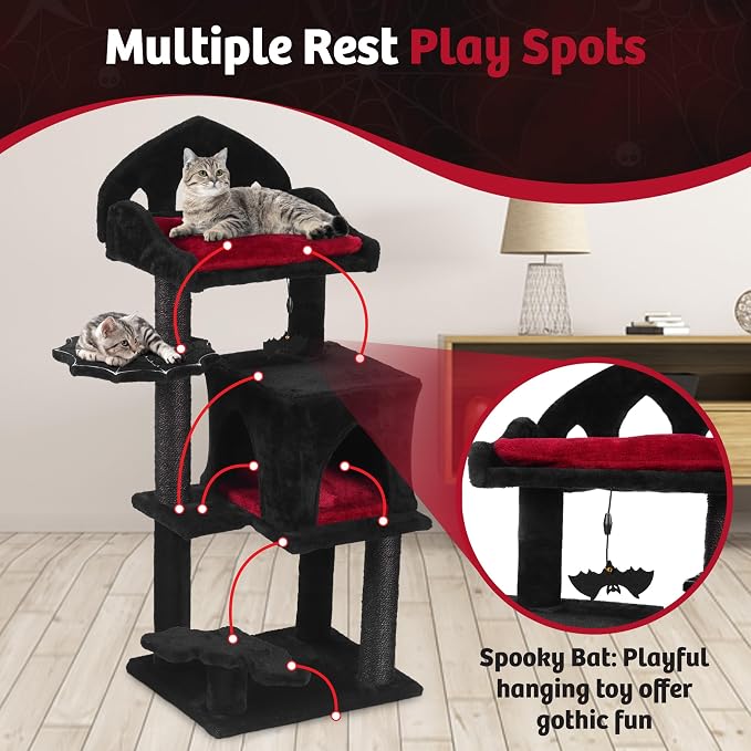 Gothic Cat Tree - 40" Goth Cat Bed, Spacious Condo, Spooky Hanging Bat, Durable Sisal Scratching Post - Elegant Black Cat Tree for Majestic Felines