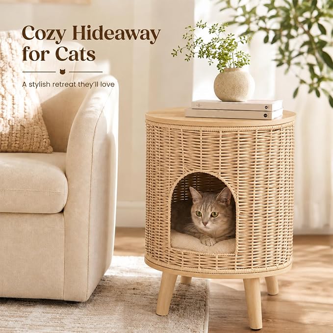 Rattan Cat House End Table, 2-in-1 Cat Bed Side Table, Stylish Pet Furniture for Indoor Cats in Living Room and Bedroom (Natural, 15.7”L x 15.7”W x 22”H)