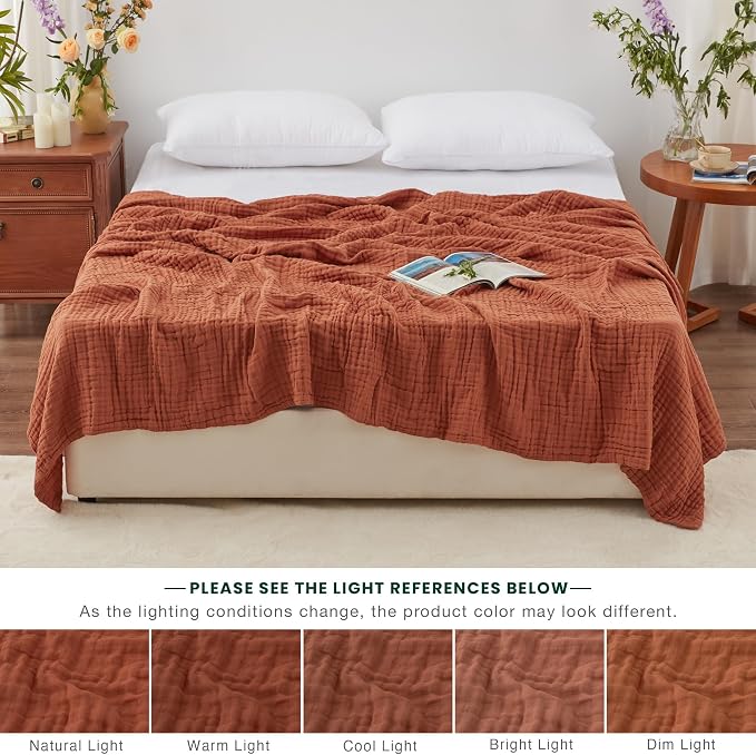 Love's cabin 100% Cotton Muslin Blanket, 6 Layer Lightweight Breathable Gauze Queen Size Blanket 90 x 90 Inches, Soft All Season Blanket for Bed, Orange