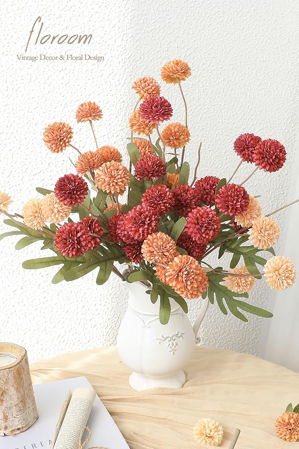 9pcs Dark Red Burnt Orange Mix Faux Silk Mums Artificial Flowers, Bulk Fake Small Mini Chrysanthemums with Stems for DIY Wedding Centerpieces Floral Arrangements Vase Fillers Home Decorations