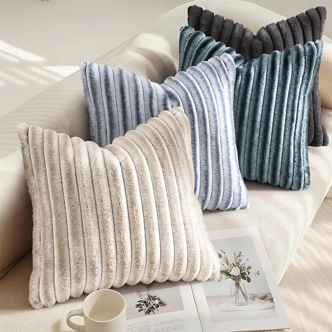 decorUhome Fall Faux Fur Throw Pillow Covers 16x16 Set of 2 Blue Grey | Decorative Soft Cozy Striped Plush Modern Farmhouse Boho Couch Pillow Cases Velvet Back for Sofa Bed Living Room Home Decor