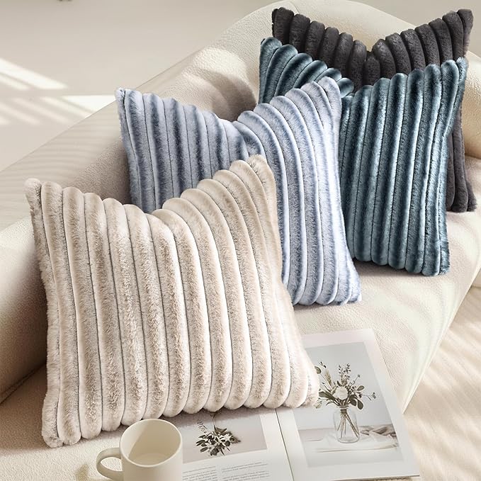 decorUhome Fall Faux Fur Throw Pillow Covers 22x22 Set of 2 Grey White | Decorative Soft Cozy Striped Plush Modern Farmhouse Boho Couch Pillow Cases Velvet Back for Sofa Bed Living Room Home Decor