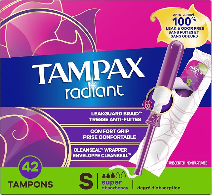 Tampax Radiant Tampons Super Absorbency with BPA-Free Plastic Applicator and LeakGuard Braid, Unscented, 42 Count (Pack of 2)