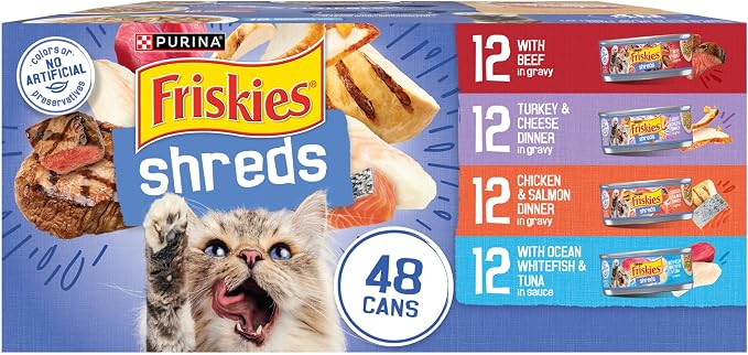 Purina Friskies Wet Cat Food Variety Pack, Shreds, 48 ct Cans | Beef, turkey & cheese, chicken & salmon, ocean whitefish and tuna recipes in savory gravy. Made without any preservatives.