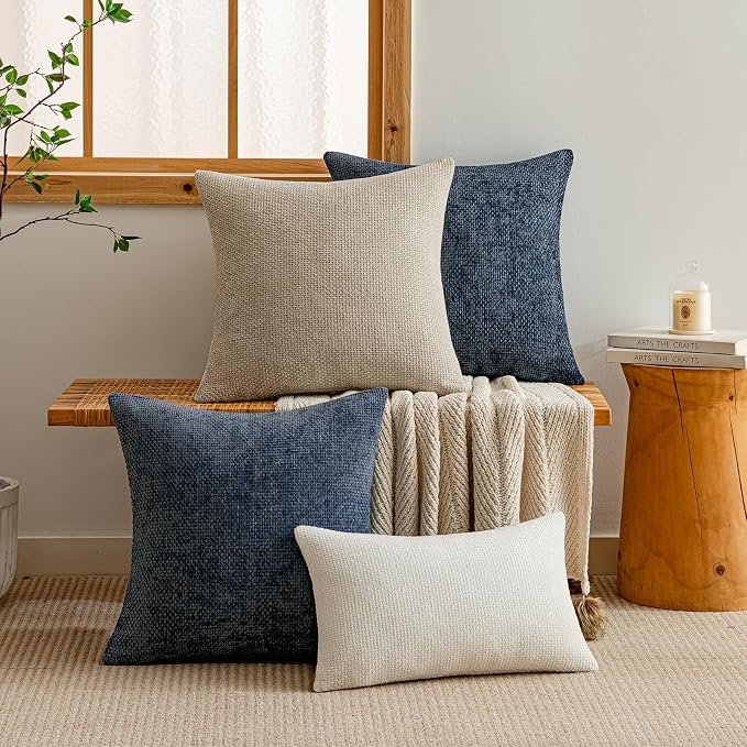 a moment Dark Blue Chenille Throw Pillow Covers 22x22 Inch Pack of 2 Modern Decorative Throw Pillow Covers Farmhouse Cross Covers Home Decor for Sofa Bedroom Living Room