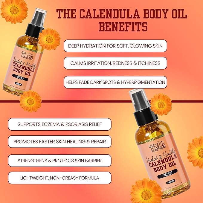 The Mane Attraction TMA Calendula Body Oil 4oz – Organic Calendula Infused Oil with Sunflower Almond Grapeseed & Jojoba – Soothing Body Oil for Sensitive Skin Redness Dryness and Discoloration