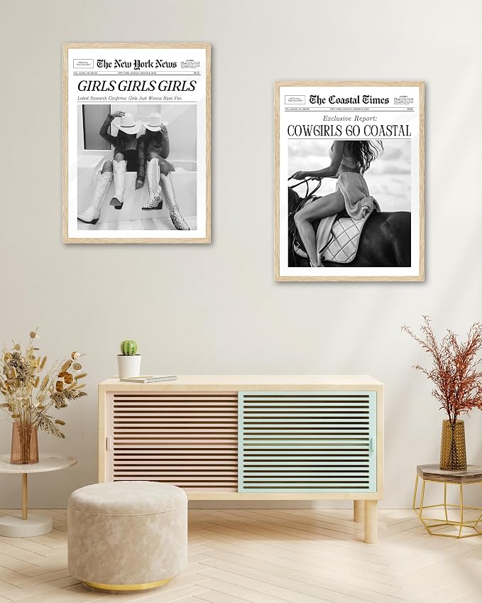 iHery 8x10in Cowgirls Go Coastal Framed Newspaper Wall Art | Natural OAK Wood Frame with Canvas Print, Western Horseback Decor for Bedroom, Dorm, Living Room and Gallery Wall, 1Pack