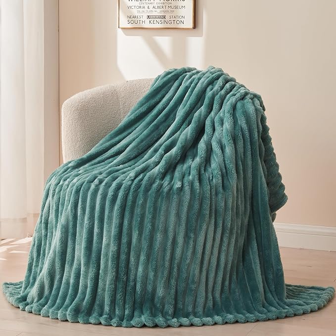 NEWCOSPLAY Fleece Ribbed Cozy Twin Blanket for Couch, Light Teal, 60"x80" | Premium Silky Flannel Blanket, Soft Lightweight Fluffy Throw Blanket for Bed Sofa Decor, Gift for All Season Use