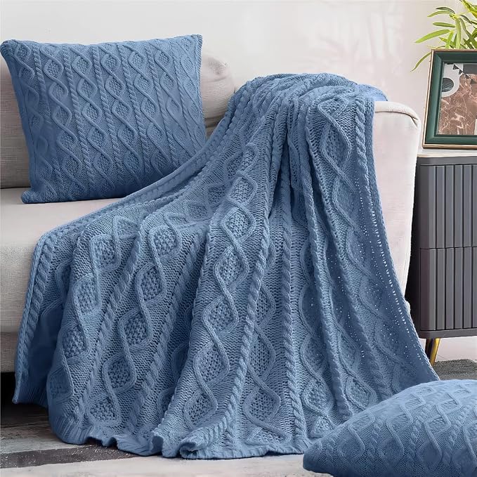 Homiest Dusty Blue Cable Knit Throw Blanket 60x80 Inch, Diamond Texture | Pure Acrylic, Lightweight & Breathable, All-Season Use, Machine Washable, Wrinkle & Fade Resistant, for Couch Bed And Sofa