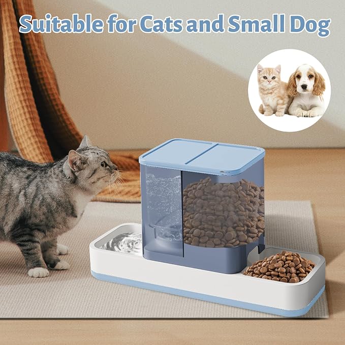 Yummy Sam Automatic Small Pet Feeder and Water Dispenser, Blue | 2 in 1 Gravity Cat Auto 1.5L Pet Feeder and 1L Waterer Set, Feeder Dish for Small Medium Pets Dog Puppy Kitten