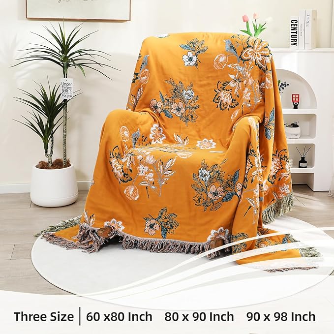 VANJOROY Boho Large Throw Blanket, 100% Organic Cotton Breathable Soft Bed Throw - Floral Bird Farmhouse Decor Blanket for Sofa Couch Chair Quilt and Gift. (Flower-Art, 80" x 90")