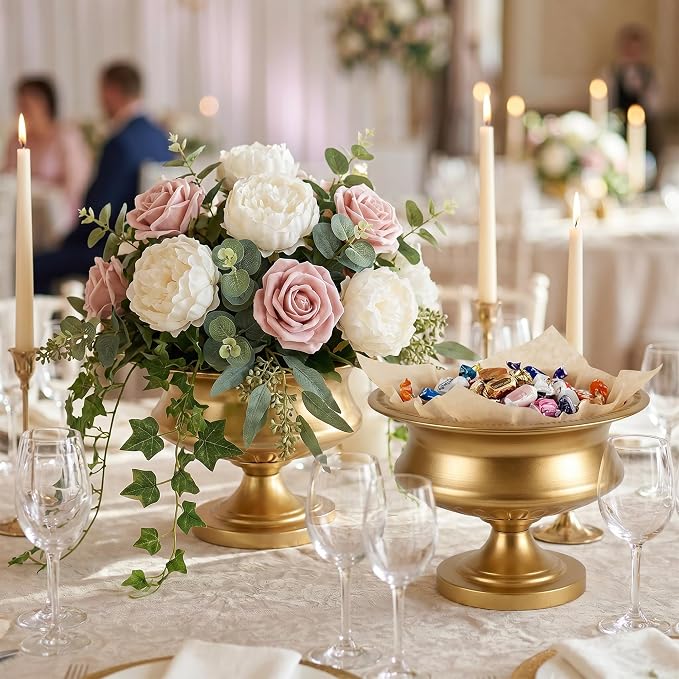 WORTH 8" H. Gold Color Urn Vase for Centerpieces, 11.8" Dia. Classic Metal Trumpet Small Flower Pot for Table, Bowl Vase for Wedding Party Event Home Decor, Smooth, Non-Aged Finish