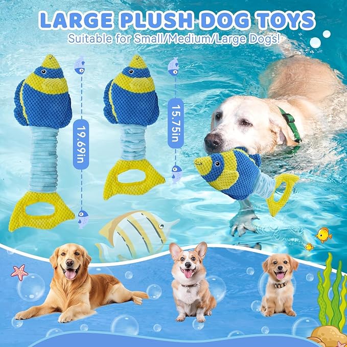 YZHDUXIU Fish Dog Squeak Toys, Elastic Band Tug of War Dog Toy with Crinkle