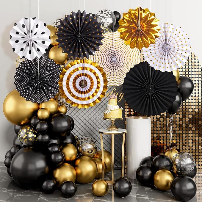 Black and Gold Decorations, Hanging Honeycomb Paper Pompoms Fan for Graduation Birthday Wedding Photo Backdrop Prom Night New Years Black and Gold Party Decorations, Set of 8
