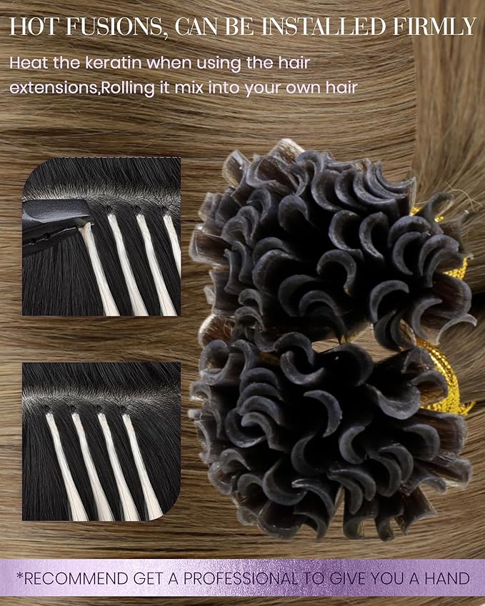 LaaVoo Utip Hair Extensions Human Hair Ombre Brown to Light Brown Mix Golden Brown K Tip Hair Extensions Real Human Hair Nail Tip 20 Inch 50g/s