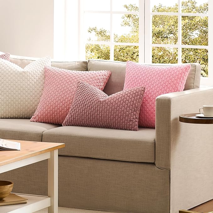 Kevin Textile Soft Corduroy 12"x24" Lumbar Pillow Cover 1 Pack, Pink | Boho Stripe Plush Corduroy Decorative Oblong Cushion Cover Modern Farmhouse Home Decor for Sofa Couch Bed Chair