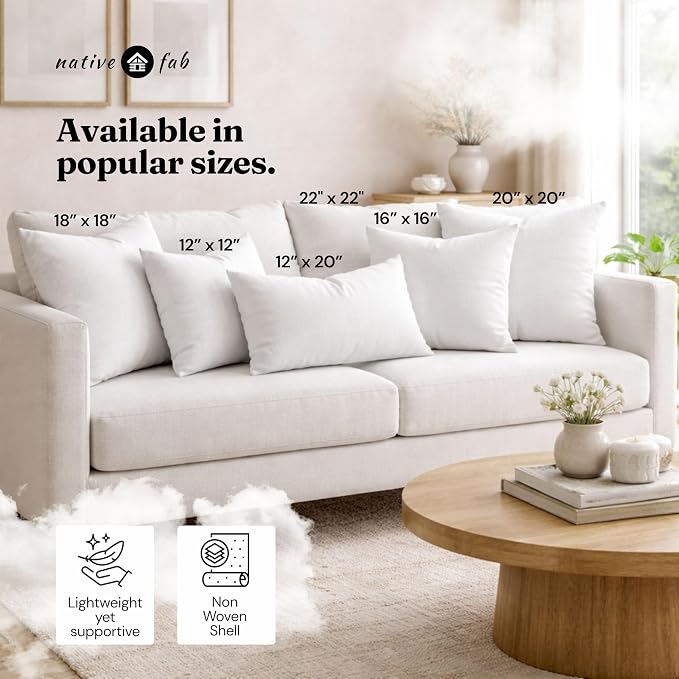 Native Fab Lumbar Pillow Inserts, Pack of 2, 12x20 Inches, White Polyester, Rectangular Throw Cushions for Lower Back Support, Sofa, Office Chair, Bed, Decorative Home Styling & Comfort
