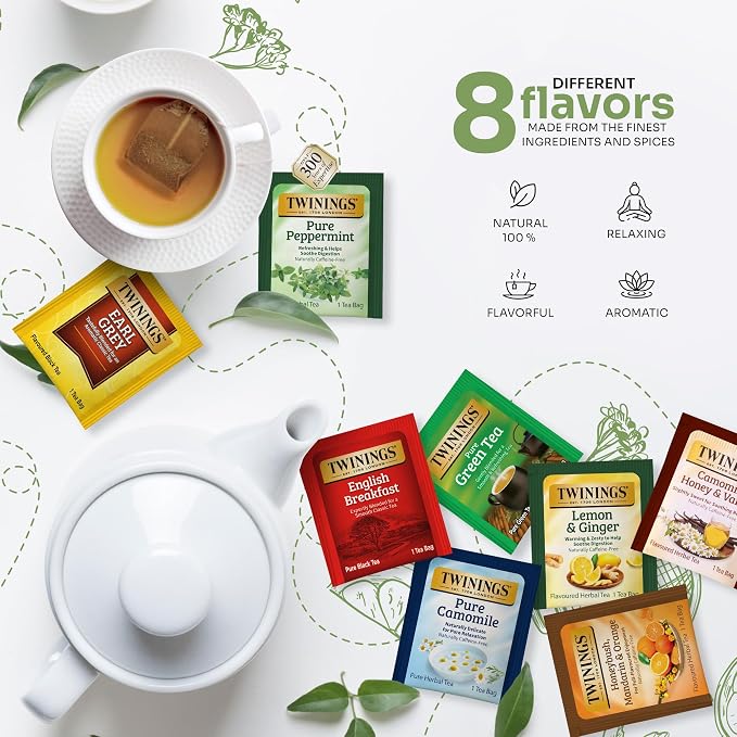 Twinings 48 Tea Bags Herbal Variety Pack – 8 Flavors Individually Wrapped, Mix of Black, Green, and Herbal Teas, Perfect Tea for Any Occasion