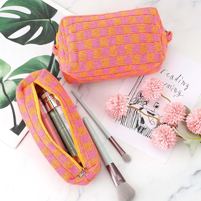 3 Pcs Makeup Bag Checkered Cosmetic Bag Large Capacity Traveling Toiletry Pounch Organizer Cute Makeup Brushes Aesthetic Accessories Storage Bag for Girls Women(Orange-Purple)