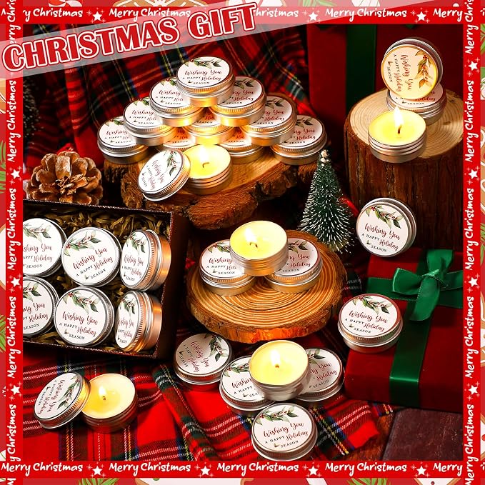 MTLEE 50 Pcs Happy Holiday Candles Gift Favors for Guests 1 oz Christmas Holly Lavender Scented Soy Wax Aromatherapy Candle Favors for Xmas Winter Bridal Shower Wedding Party Guests