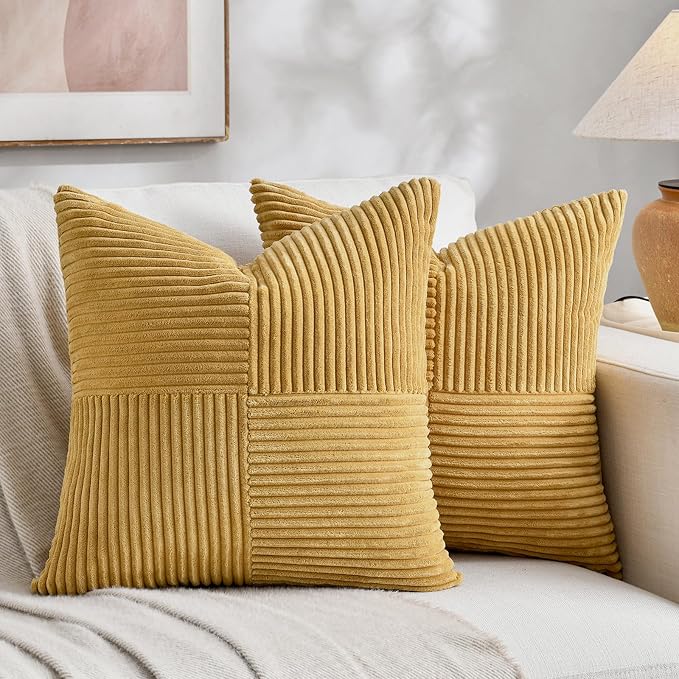 Fancy Homi Mustard Yellow Euro Decorative Throw Pillow Covers 26x26 Inch for Living Room Couch Bed, Farmhouse Boho Home Decor, Soft Corss Corduroy Patchwork Textured Square Cushion Case 66x66 cm