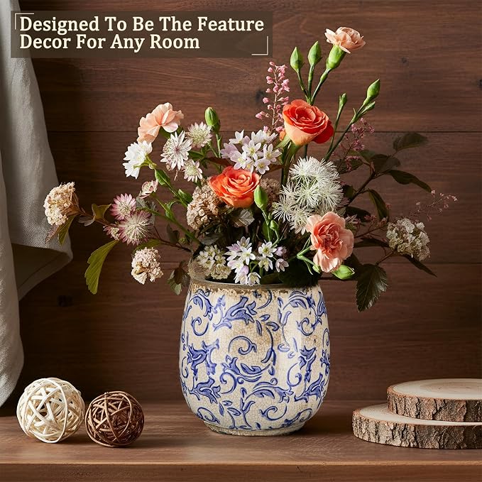 SiliFine Vintage Ceramic Flower Pot with Ice Crackle Rustic Planter with Drainage Holes for Indoor and Outdoor Decor Home Living Room Garden Decor Gardening Gift(Vintage Style)