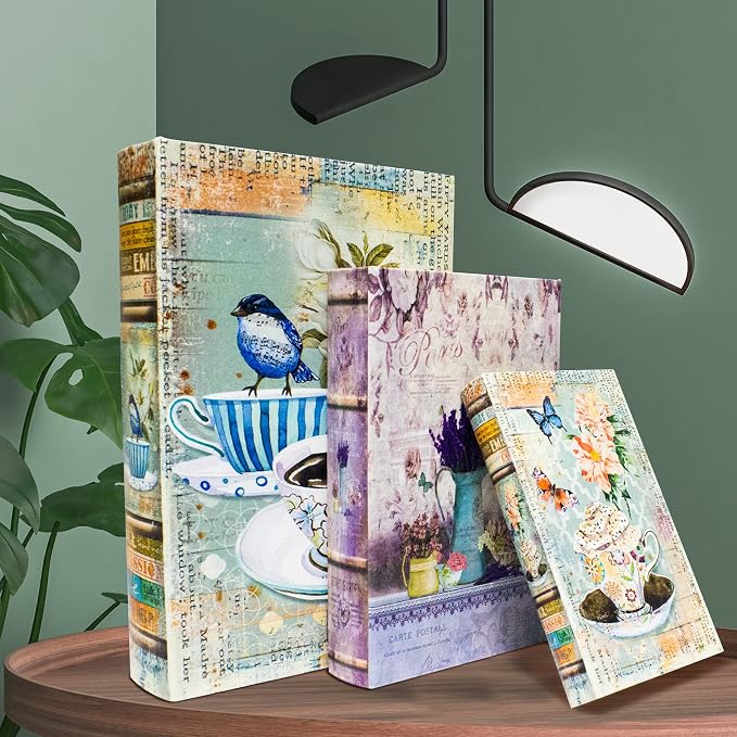 Fake Book Storage Box Decorative Flower Bird Pattern Set of 3 | Trinket Keepsake Greeting Card Book Shaped Storage Box,Vintage Box Coffee Table Decoration,Graduation Gift