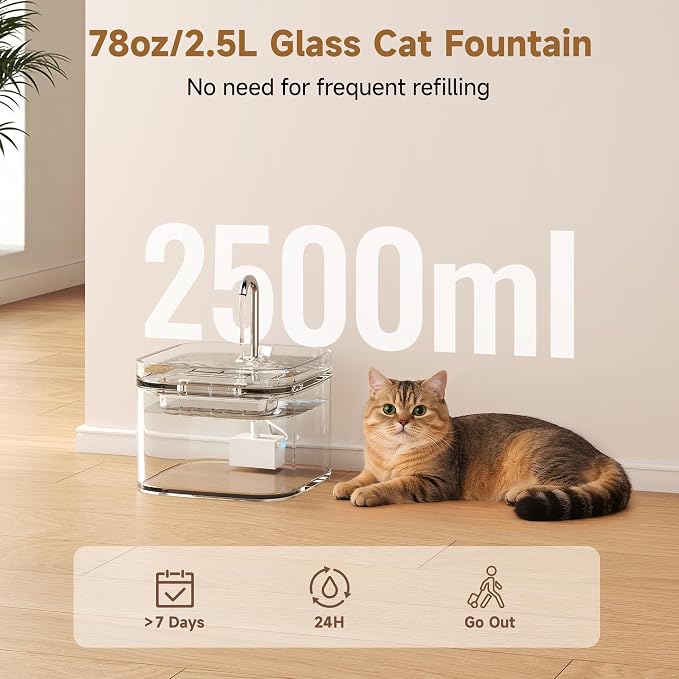 PETTEN Glass Cat Water Fountain,Easy Clean,No Plastic(78oz/2.5L) | BPA-free,Dual flow modes, <20dB silent pump. 2.5L/78oz, perfect for indoor cats & small dogs. Dishwasher safe.