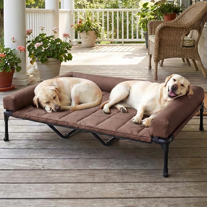 Veehoo Outdoor Elevated Dog Bed with Waterproof Bolster Cushion, Cooling | Raised Dog Bed with Removable & Washable Mat Topper, Breathable Mesh, Dog Couch Cot for Indoor Outdoor, 59", Large, Brown
