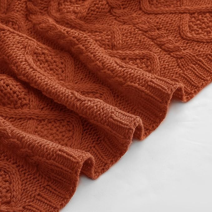 Homiest Rust Cable Knit Throw Blanket Set of 3, with 2 Pillow Covers | Pure Acrylic, Lightweight & Breathable, All-Season Use, Machine Washable, Wrinkle & Fade Resistant, for Couch Bed And Sofa