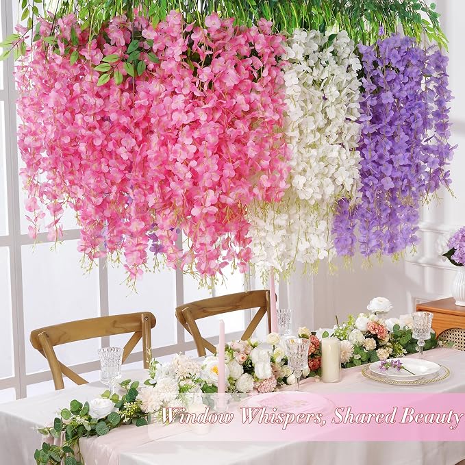 24 Pack Wisteria Hanging Flowers, 3.6 Feet Wisteria Artificial Flowers, Wisteria Garland, Hanging Flowers for Wedding Decoration, Vines for Bedroom Home Wall Decor (White & Pink & Purple)