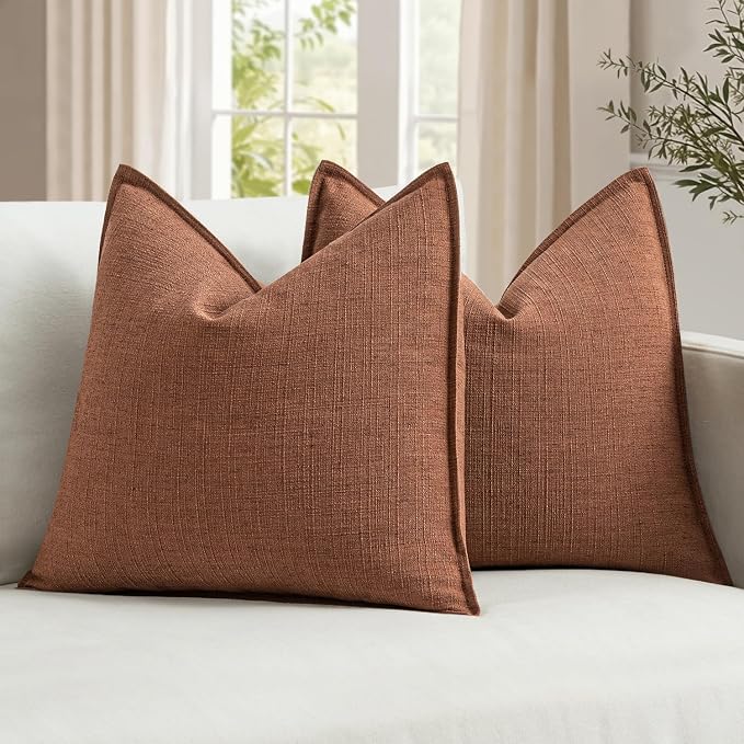 MIULEE Thick Textured Rust Decorative Fall Throw Pillow Covers 18x18 Inch | Set of 2, Terracotta Linen Blend Pillow Cover, Flange Edge Design, Farmhouse Modern Boho Style, Bed Couch Living Room Decor