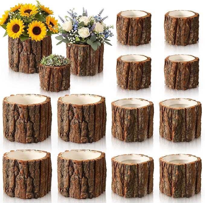 12 Pcs Wooden Vase for Centerpieces Wedding Flower Table Centerpieces Woodland Party Decor Rustic Farmhouse Bark Stump Buckets Vintage Planter Pots for Garden Baby Shower Window Home (L+m+s)