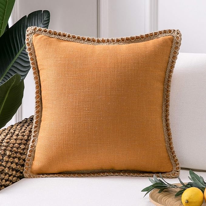 Phantoscope Farmhouse Fall Solid Throw Decorative Pillow Cover Burlap Linen Trimmed Tailored Edges Outdoor Pillow Orange 1 Pack 20 x 20 inches, 50 x 50 cm