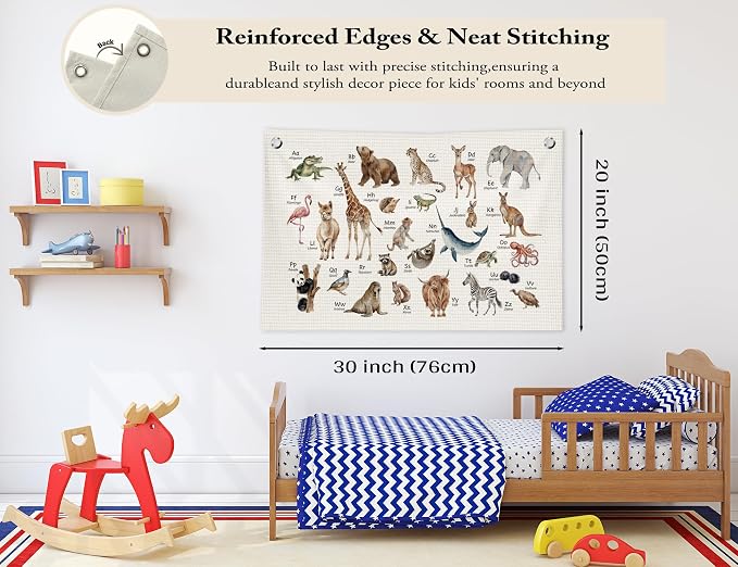 ABC Alphabet Educational Canvas Banner,Animal Alphabet Nursery Wall Decor,ABC Animal Educational Banner Flag Wall Art for Nursery Classroom Kids Room Bedroom Playroom,20x30 in