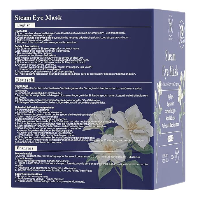16 Pack Jasmine Steam Eye Mask for Dryness, Puffiness, Strain & Relaxation, Heated Eye Mask for Sleep & Travel, Self-Heating & Disposable Warm Compress, Travel Essentials, Relaxation Gifts for Women