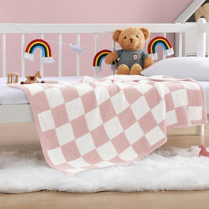 Soft Checkered Throw Blanket for Couch-Cozy Warm Knitted Blankets | Lightweight Fluffy Decor for Boys & Girls, Sofa, Chair, Bed, 30x40in,Pink