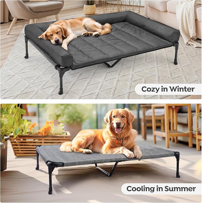 Veehoo Outdoor Elevated Dog Bed with Waterproof Bolster Cushion, Cooling | Raised Dog Bed with Removable & Washable Mat Topper, Breathable Mesh, Dog Couch Cot for Indoor Outdoor, 49", Large, Melange