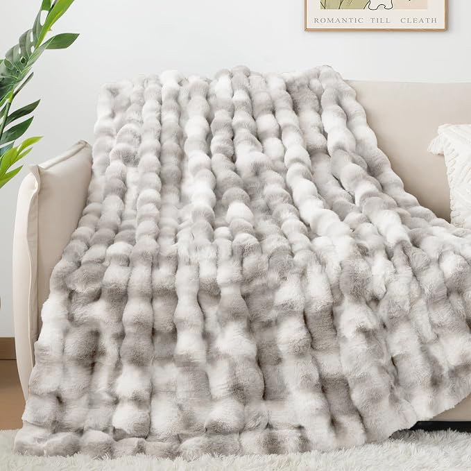 Luxury 1000GSM Faux Rabbit Fur Throw Blanket, Super Heavy Warm Cozy Grey Blankets for Couch Bed Sofa, Ruched Plush Fuzzy Elegant Soft Reversible Mink Blanket for Living Room Bedroom